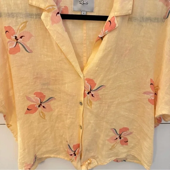 RAILS S Marley tie yellow floral spring short sleeve linen blouse shabby chic - Picture 12 of 13